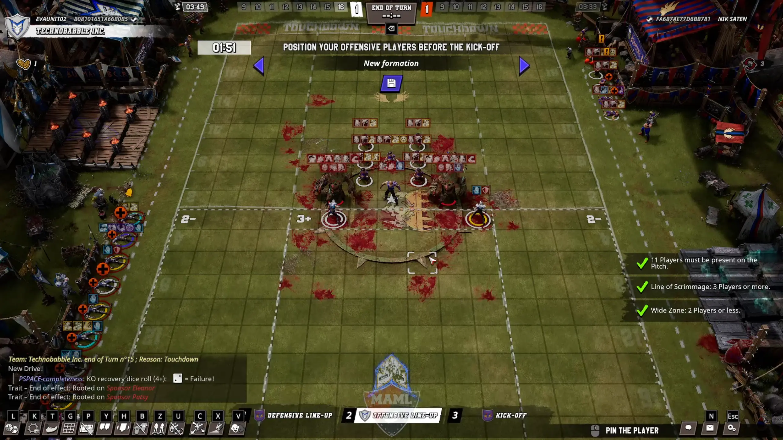 Despite being able to legally concede, Technobabble Inc. lines up their two remaining players for the final drive of the game, like the heroes they are.